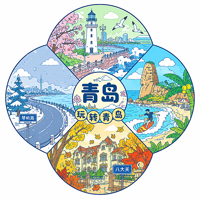 参考图中的四叶草花瓣形圆形构图、扁平描边插画风格、中心圆形标题区、四个扇形分区分别对应一个景点的布局方式，重新设计一张青岛主题的四季城市插画。整体为四叶草花瓣形圆形外轮廓，中心圆形区域写有"青岛"大字和"玩转青岛"四个小圆字。四个扇形分区分别对应青岛四个景点并体现四季特色：上方扇形对应春季的青岛情人坝，有白色灯塔、海浪、海鸥、粉色樱花、春天嫩绿的色调；右侧扇形对应夏季的青岛石老人，有石老人海蚀柱礁石、金色沙滩、冲浪的人、椰子树、夏日蓝天碧海的明亮色调；下方扇形对应秋季的青岛八大关，有欧式老建筑别墅、金黄银杏叶、红枫落叶、秋天暖黄橙色调；左侧扇形对应冬季的青岛琴屿路，有海边公路、栏杆、冬日雪松、飘雪、清冷蓝白色调。整体为可爱扁平描边插画风格，线条流畅，色彩明快清新，白色背景，城市文创插画风格。