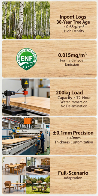 English birch plywood selling points detail image, divided into five modules: 1. Imported Logs modul预览效果