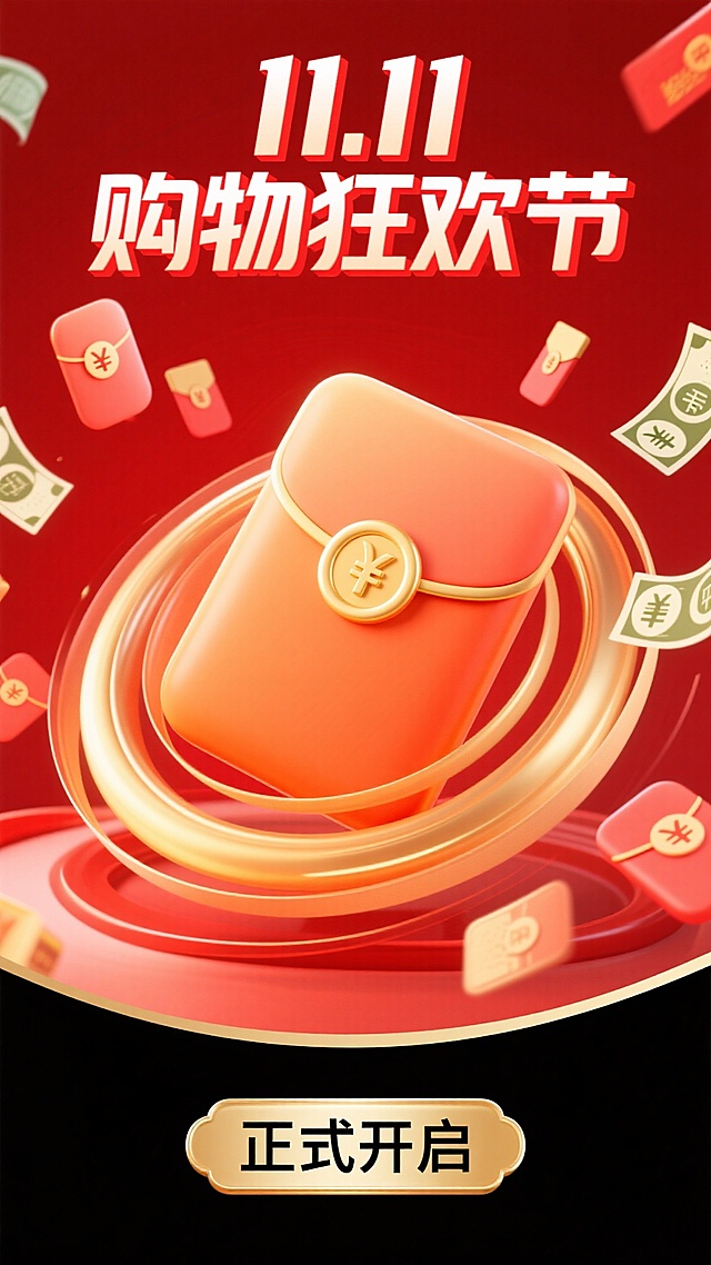 3D重拟物风格，鎏金金属质感红包悬浮旋转，红金配色强化喜庆与促销氛围，动态钞票环绕，突出双十一购物狂欢节主题。