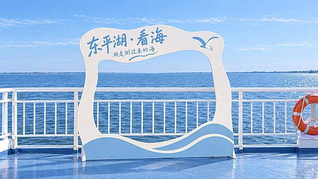 参考图中打卡牌设计风格，生成第一个东平湖看海主题镂空打卡牌：延伸造型为简约波浪异形框，PVC板材质，单人尺寸，文旅风简约大气治愈，干净不花哨。主文字"东平湖·看海"，辅助小字"湖是倒过来的海"，装饰极简：底部一道抽象波浪线+右上角一只极简海鸥，配色：雾霾蓝+奶白色，高级干净。背景为游船甲板白色栏杆+辽阔东平湖湖面，晴朗蓝天，湖面开阔无大桥，打卡牌立在甲板临栏杆处，真实自然，透视准确，光影柔和，高清2K