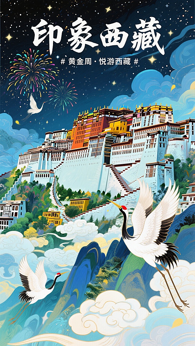布达拉宫为主体，搭配仙鹤、祥云、烟花等装饰，背景是带有星星的夜空，整体色调为蓝、绿、黄等清新且富有中国风的色彩。主标题白色书法艺术字“印象西藏”，副标题“# 黄金周・悦游西藏 #”