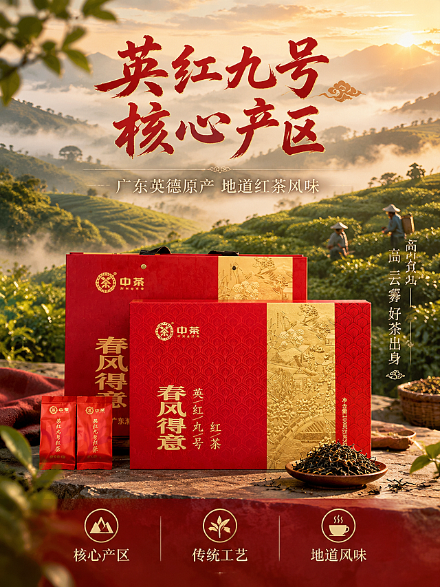 [主图-2] 核心亮点 英红九号核心产区 品质溯源 竖版
[统一基调] 沉浸式氛围感国风风格，暖金与深红为主色调，背景为茶山茶园自然场景，晨雾缭绕，阳光穿透云层，整体大气有品质感。标题字用粗笔刷书法字体，朱红色带烫金描边；辅助文案用细宋体，米金色。
[画面] 产品礼盒（中茶春风得意英红九号红茶礼盒）居中偏下摆放，占画面约45%，礼盒正面完整。上方和右侧背景为连绵的茶山茶园实景，层层叠叠的茶树，清晨薄雾笼罩，金色阳光从云层洒在茶山上，远处有采茶人身影隐约可见，茶山从画面顶部延伸至中部。礼盒前方摆放一小撮干茶叶，条索紧结乌润，细节清晰。整体体现茶叶产地溯源的品质感，竖版构图上半部分为茶山场景，下半部分为产品。
[光影质感] 商业摄影质感，清晨暖金色自然光，从右上方照射，礼盒右侧有柔和高光，茶叶纹理清晰，底部有自然阴影，整体光影通透有层次。
[配色] 主色深红与暖金，背景茶山绿色调偏暖，晨雾米白色，整体色调和谐自然。
[文字版式] 画面上部大标题书法字「英红九号 核心产区」，朱红色带烫金描边，分两行排列。标题下方小字「广东英德原产 地道红茶风味」，米金色细宋体。画面右侧茶山区域叠加竖排文字「高山云雾 好茶出身」，米金色。画面下部产品下方横向排列三个小图标加文字：「核心产区」「传统工艺」「地道风味」。文字不遮挡礼盒主体。
[输出要求] 750*1000竖版3:4比例，文字清晰可读，产品清晰不变形，无错字，无水印，无平台Logo，画面自然有品质感。