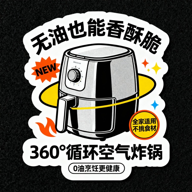 主体360° 循环空气炸锅—— 环绕 “无油也能香酥脆”，搭配 “NEW” 标识与 “全家适用不挑食材” 小标签；底部 “360° 循环空气炸锅” 雅黑调字体标题，辅以 “0 油烹饪更健康” 标签。预览效果