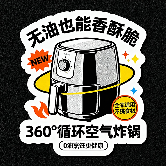 主体360° 循环空气炸锅—— 环绕 “无油也能香酥脆”，搭配 “NEW” 标识与 “全家适用不挑食材” 小标签；底部 “360° 循环空气炸锅” 雅黑调字体标题，辅以 “0 油烹饪更健康” 标签。