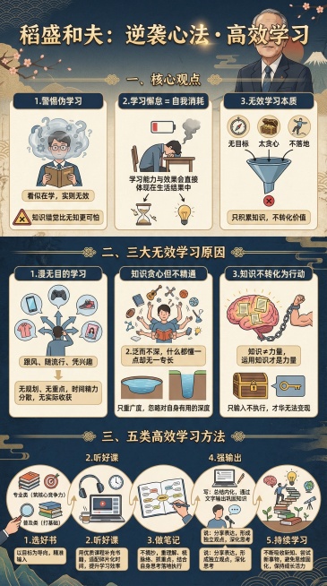 稻盛和夫：逆袭心法・高效学习一、核心观点1.警惕伪学习：看似在学，实则无效，知识错觉比无知更可怕。2.学习懈怠 = 自我消耗，学习能力与效果会直接体现在生活结果中。3.无效学习本质：无目标、太贪心、不预览效果