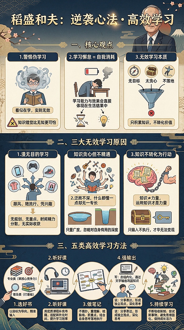 稻盛和夫：逆袭心法・高效学习一、核心观点1.警惕伪学习：看似在学，实则无效，知识错觉比无知更可怕。2.学习懈怠 = 自我消耗，学习能力与效果会直接体现在生活结果中。3.无效学习本质：无目标、太贪心、不落地，只积累知识，不转化价值。二、三大无效学习原因1.漫无目的学习 跟风、随流行、凭兴趣，无规划、无重点，时间精力分散，无实际收获。知识贪心但不精通 2.泛而不深，什么都懂一点却无一专长；只重广度，忽略对自身有用的深度。3.知识不转化为行动 知识≠力量，运用知识才是力量，只输入不执行，才华无法变现。三、五类高效学习方法1.选好书 以目标为导向，区分普及类（打基础）与专业类（筑核心竞争力），精准输入。2.听好课 用优质课程补充书籍，适配碎片化时间，提升学习效率。3.做笔记 不摘抄，重理解、梳脉络、抓重点，结合自身思考落地执行。4.强输出写：总结内化，通过文字输出巩固知识。说：分享表达，形成独立观点，深化思考。5.持续学习 不断吸收新知、尝试新事物，避免思维固化，保持成长活力。