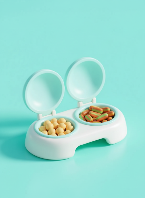 软3D风格的喂食器产品海报，纯色背景为柔和的浅蓝绿色，整体色彩明快活泼，画面中央是一个喂食器，喂食器有左右并排的两个食物存储空间，每个空间内装有造型饱满立体的食物，喂食器具有光滑的材质感和轻微的高光效预览效果