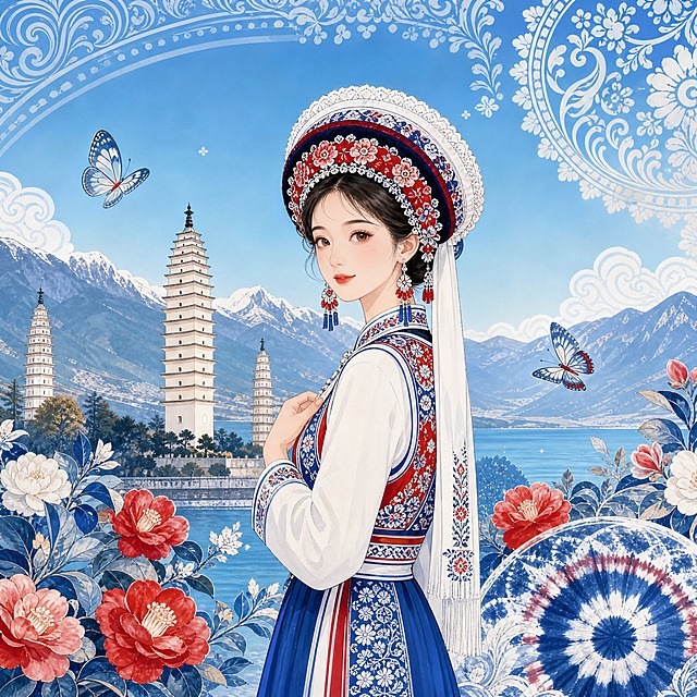 国潮插画，白族主题，一位白族姑娘身着白族服饰，头戴风花雪月包头，站在三塔前，身后是洱海和苍山，周围有茶花、蝴蝶、扎染纹样装饰，背景是天蓝色渐变和白族刺绣图案，画面中无任何文字，国潮风格，蓝白红配色，清新雅致