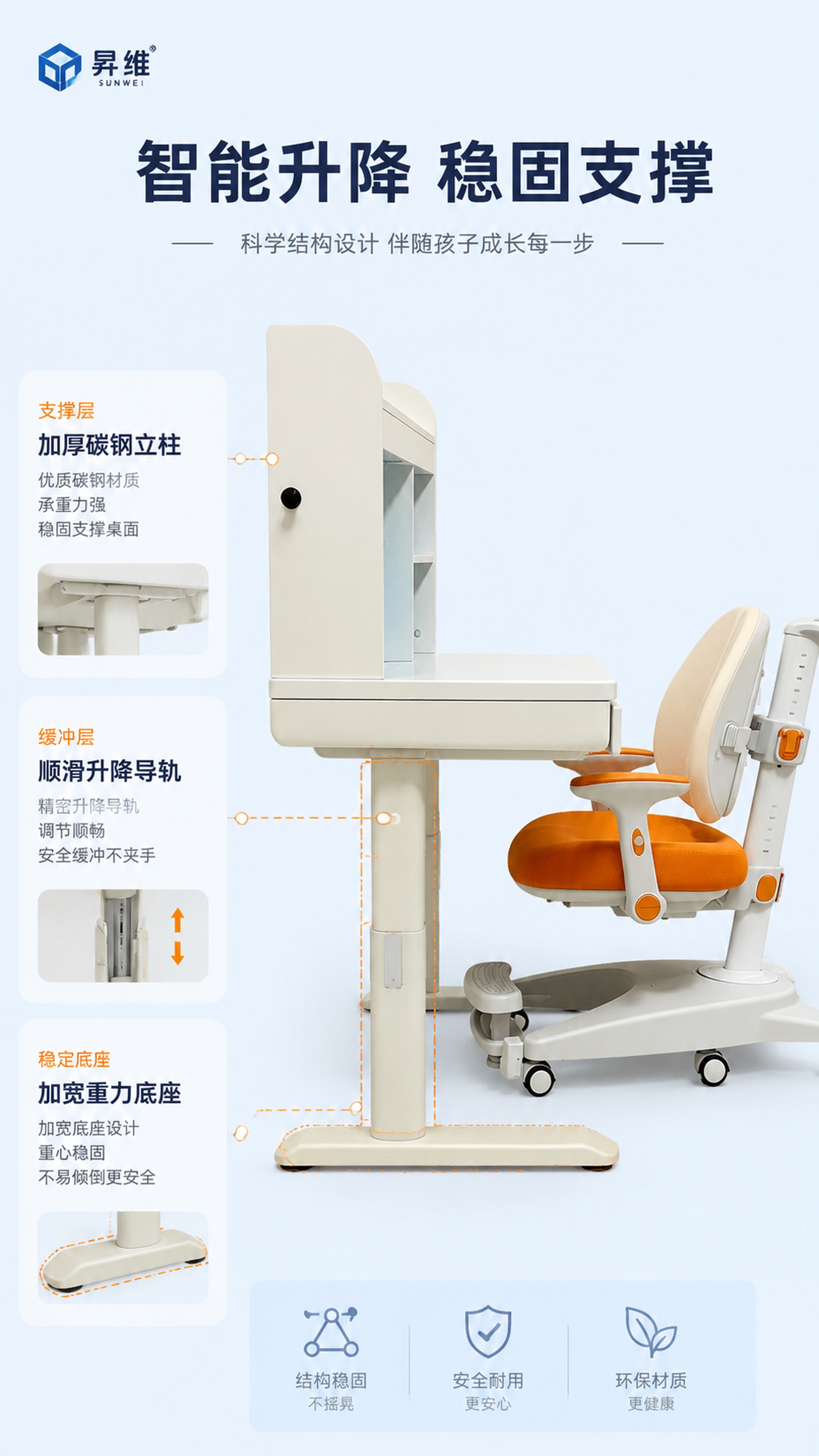 [第4屏] 结构解析页，展示昇维智能学习桌升降结构与稳固框架，… - 图片创意预览