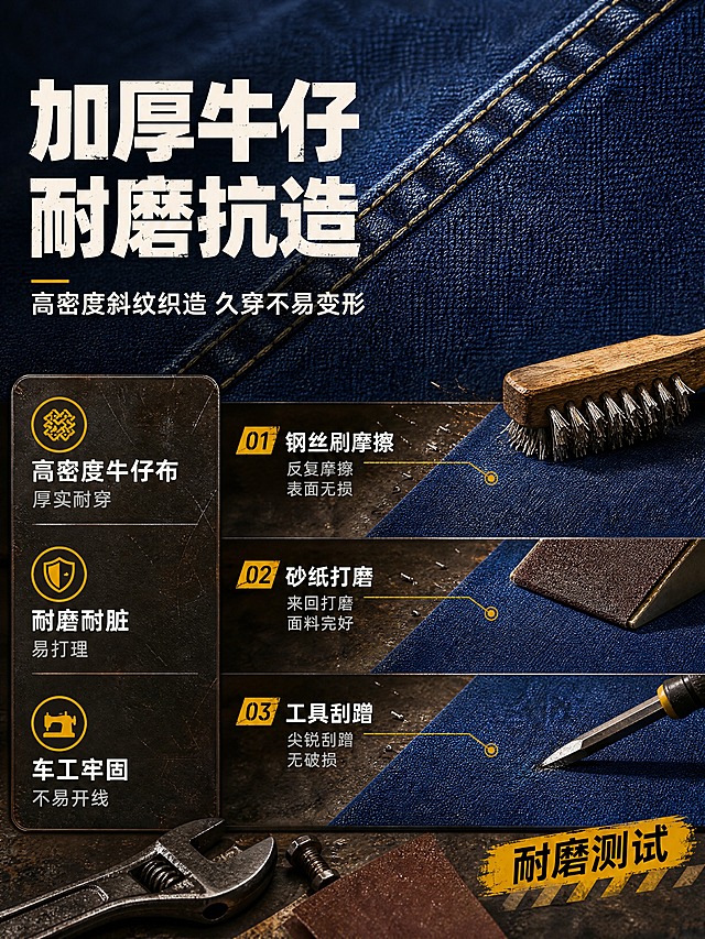 [商品] 使用【图3】牛仔工装上衣 + 【图1】牛仔工装裤面料局部；商品处理：保留深蓝色牛仔面料纹理、斜纹织法、缝线工艺、颜色厚度；自然去除表面杂乱褶皱，增强面料肌理感、纱线层次和缝线立体感，不改变面料材质和颜色。
[画面] 页面目标：功能演示型，展示牛仔面料耐磨耐造性能，强化硬核品质。构图：上半部分为大面积面料微距特写，占画面约50%，下半部分做耐磨测试可视化演示（如钢丝刷摩擦、砂纸打磨、工具刮蹭的动作示意，面料表面完好无损）；左侧为文案信息区，右侧为测试演示区；场景为工业工作台面，前景点缀扳手、砂纸、钢丝刷等测试道具，中景为面料测试主体，后景为虚化的金属工作台。
[视觉] 套系策略：风格=硬核工业风商业摄影；标题字=粗黑体带做旧磨损质感；正文字=简洁黑体；主色=深蓝牛仔色；背景延展=基于深棕灰工业金属质感做深浅层级、锈迹纹理和明暗对比；强调色=明黄色，仅用于小面积图标、引线、标签和局部光效；标题色=米白色；正文色=浅灰色；组件=圆角深色信息卡、黄色细线引线、圆形图标；光影=左前侧暖硬光，突出牛仔面料纹理与测试道具质感。
[文字] 左上主标题「加厚牛仔 耐磨抗造」，副标题「高密度斜纹织造 久穿不易变形」；左侧信息卡列出3个面料卖点：①高密度牛仔布 厚实耐穿 ②耐磨耐脏 易打理 ③车工牢固 不易开线；右下角配测试示意短标「耐磨测试」；所有文字横向排版，不遮挡面料主体，手机端清晰可读。
[规格] 图片比例3:4竖版，4K分辨率，避免变形、错字、文字过小、颜色改变、面料失真、纯白背景、极限词、虚假功效承诺。