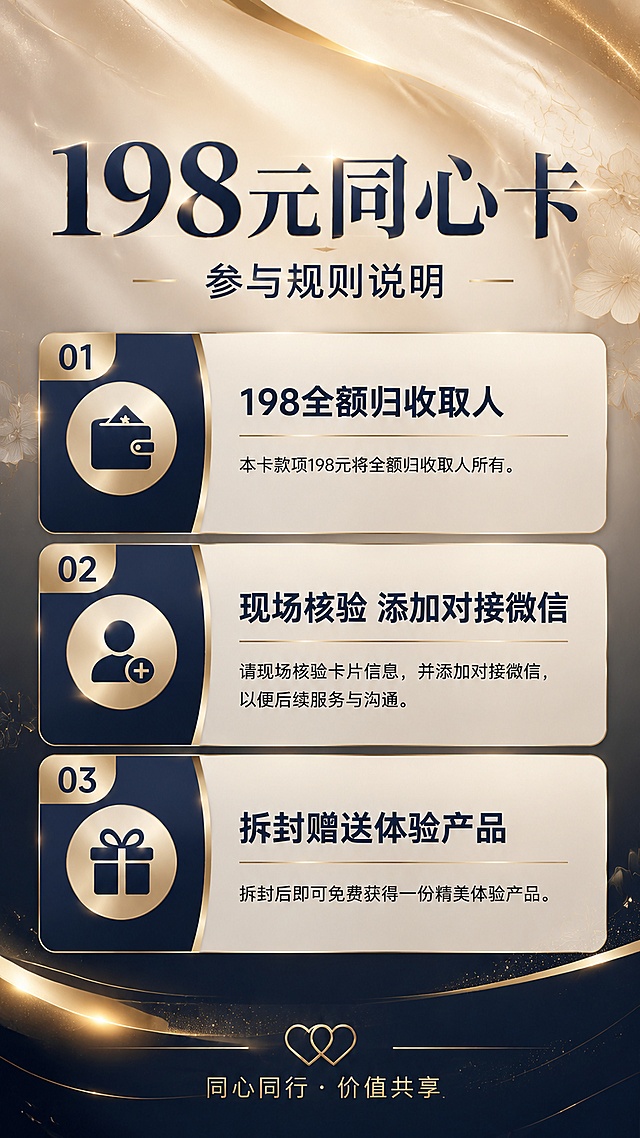 将原图优化为美业风格，打造高端高级感、奢华大气的视觉效果，保留原海报所有文字内容：主标题"198元同心卡"，副标题"参与规则说明"，三条规则内容和底部"同心同行·价值共享"不变，调整配色为高级香槟金+深藏蓝，增加美业轻奢质感和细腻光影，版式保持不变，整体更加高大上精致优雅，符合美业高端会员卡设计风格