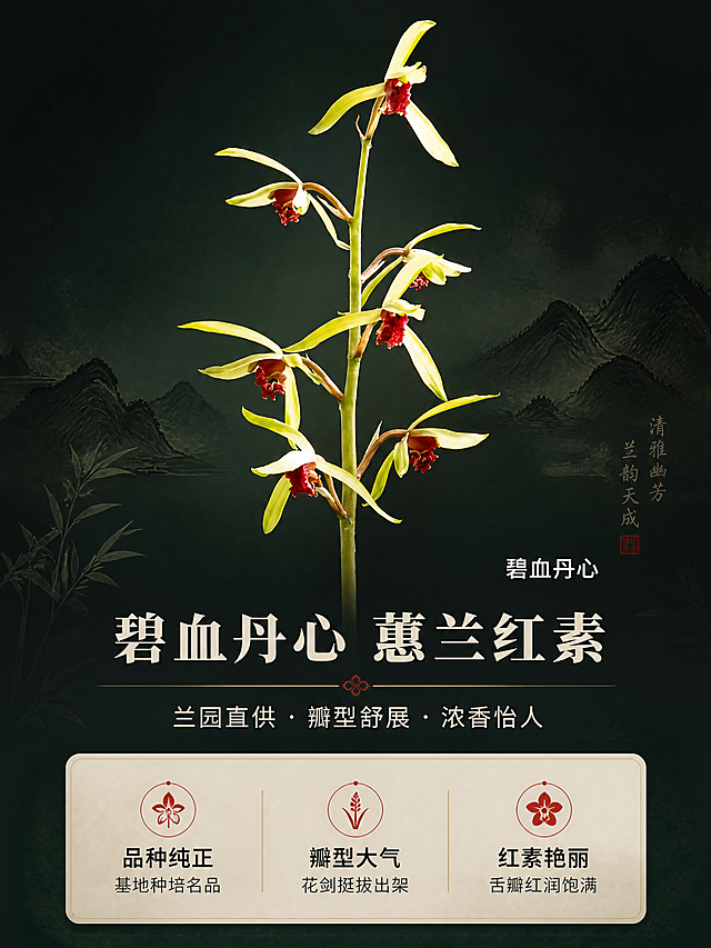 [商品] 使用【图1】碧血丹心蕙兰开花图；保留兰花黄绿色外瓣、深红色舌瓣、花茎挺拔、花朵排列有序的整体结构与颜色；保留右下角"碧血丹心"文字，清晰化处理，不改变字形。
[画面] 页面目标：品种鉴赏头图，建立高端兰花品种第一印象。构图：居中偏上展示兰花整枝花茎，花朵舒展，主体占画面约60%；下方留白放置文字信息；阅读动线自上而下，先看花再读文。前中后景：前景深墨色渐变背景、中景兰花主体、后景隐约水墨山纹点缀。
[视觉] 套系策略：风格=东方雅致国风高端兰花鉴赏风；标题字=宋体粗体（典雅宋体）；正文字=简洁无衬线黑体；主色=深墨绿+米杏色；背景延展=基于深墨绿做深浅渐变、同色系晕染和细腻宣纸/水墨质感；强调色=朱砂红，仅用于小面积图标、引线和重点标注；标题色=米杏白；正文色=浅米灰；组件=细线分隔、圆角浅底信息卡、水墨点缀元素；光影=左前侧柔和自然光，突出花瓣通透感与舌瓣红艳质感。
[文字] 画面中上部偏下位置放主标题："碧血丹心 蕙兰红素"，副标题："兰园直供 · 瓣型舒展 · 浓香怡人"；下方3个短卖点：【品种纯正】基地种培名品、【瓣型大气】花剑挺拔出架、【红素艳丽】舌瓣红润饱满。文字区位于画面下半部，不遮挡兰花主体花头。
[规格] 图片比例3:4竖版，4K分辨率，负向提示：避免变形、错字、文字过小、冷蓝背景、花朵颜色失真、花茎扭曲、价格信息、极限词。