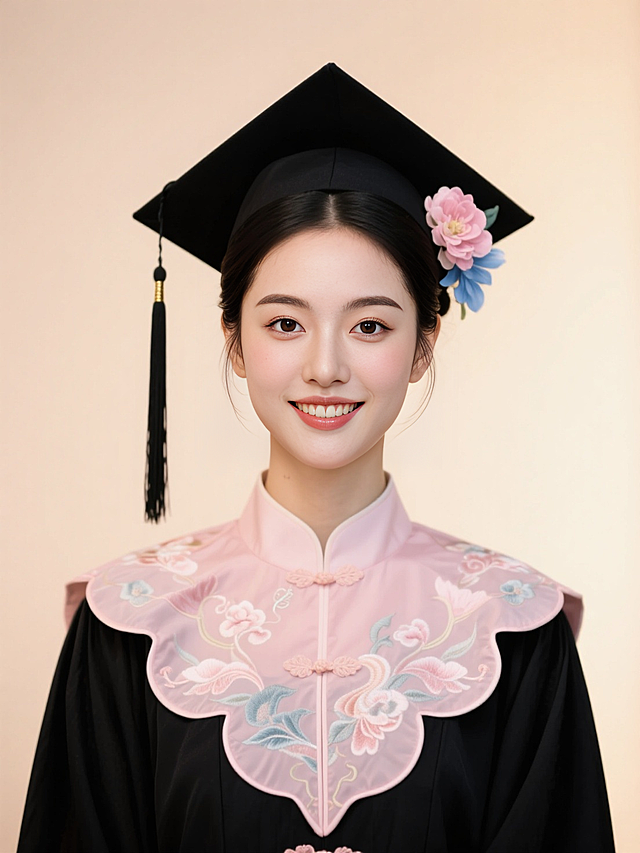 正面照，黑色古风垂挂髻，穿戴学士服学士帽，戴淡粉色刺绣云肩，学士帽旁边簪了粉蓝色的花，背景浅色，暖光