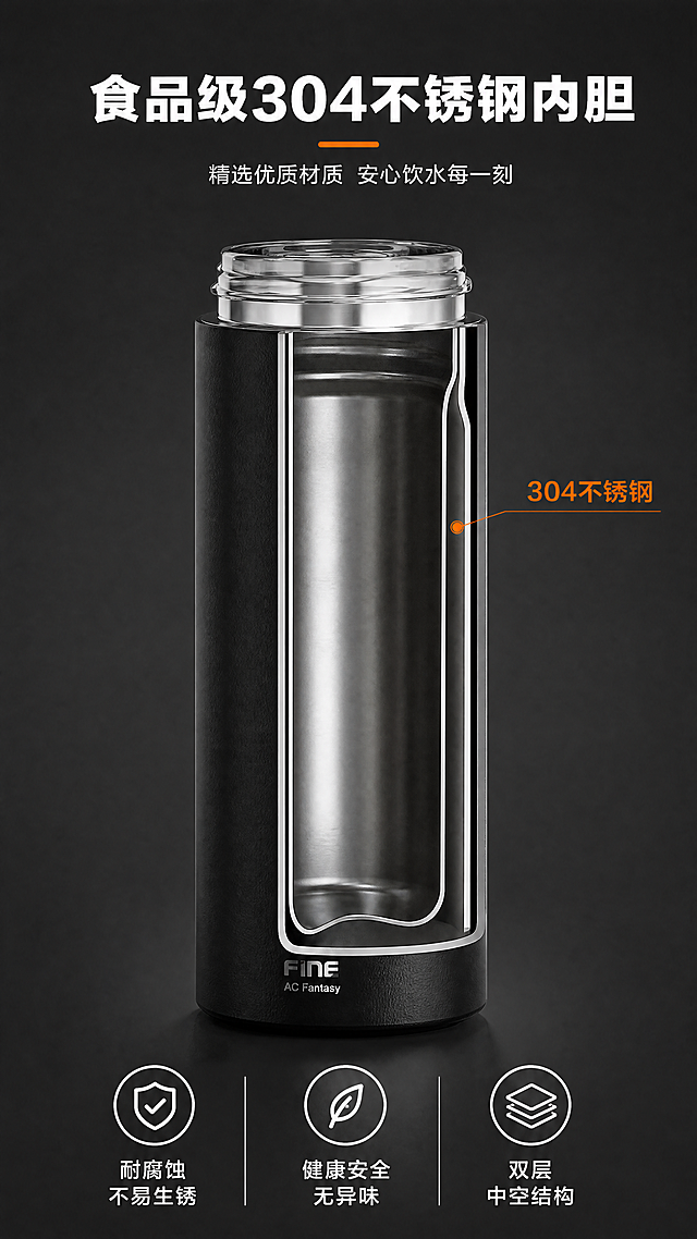 [第3屏] 内胆材质卖点展示
[氛围/风格] 专业可信，突出材质安全，高品质质感
[元素布局] 产品整体居中放置，占画面约60%，用引线标注方式引出304不锈钢内胆部位，展示内胆切面细节。背景保持深灰质感，上下预留文案区域，上方主标题，下方标注材质优势。保留产品原有黑色外观和结构，放大展示内胆部分
[光影质感] 中心打光突出内胆材质细节，金属光泽自然，整体明暗均匀，内胆纹理清晰可见
[配色色系] 全局底色：#333333（深灰）；主体配色：#222222 + #CCCCCC；辅助色：#FF6600（引线橙色）+ #FFFFFF（文字）
[视角构图] 正面半剖面构图，产品居中，上半部分标题，下半部分标注，中心突出内胆材质细节，整体平衡稳定
[文字版式] 顶部主标题"食品级304不锈钢内胆"白色大字，引线标注"304不锈钢"橙色文字，下方三个卖点排列："耐腐蚀 不易生锈" "健康安全 无异味" "双层中空结构"，每个卖点配白色圆形图标和文字，清晰易读
[比例分辨率] 9:16 竖版比例，4K分辨率，文字清晰可辨，超高清
[负向提示词] 内胆结构错误，材质表现失真，文字错乱，产品变形，背景杂乱