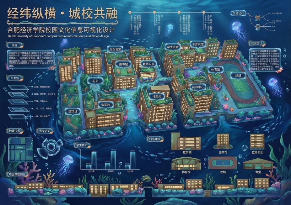 参考第二张图的深海蓝色海洋幻想风格为这张合肥经济学院校园导览图上色，保留原始构图和所有文字、建筑位置不变，使用珊瑚、海洋生物等海洋元素装饰，整体深蓝色背景，建筑为暖棕色和绿色植被配色，保持信息图表的清预览效果