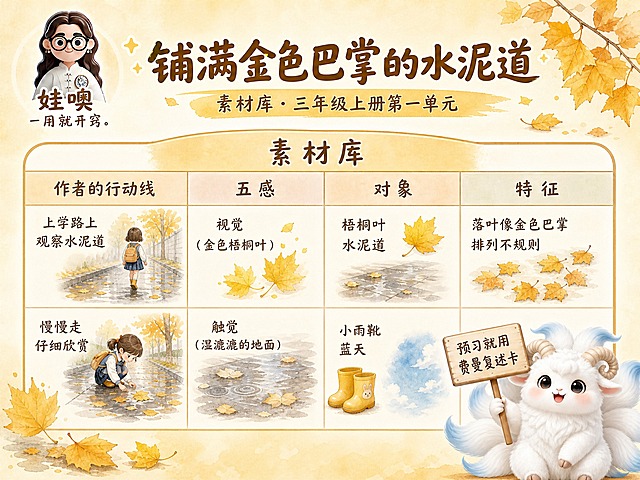 A4横版费曼复述卡成品，米黄色暖色调手绘水彩风格，温馨儿童教育风。左上角卡通女孩logo，下方写"娃噢"和"一用就开窍。"。顶部大标题"铺满金色巴掌的水泥道"，副标题"素材库·三年级上册第一单元"。画面主体是四列表格，表头通栏写"素材库"，四列分别为"作者的行动线"、"五感"、"对象"、"特征"，每列填充两行完整内容：行动线包括上学路上观察水泥道、慢慢走仔细欣赏；五感包括视觉（金色梧桐叶）、触觉（湿漉漉的地面）；对象包括梧桐叶、水泥道、小雨靴、蓝天；特征包括落叶像金色巴掌、排列不规则、熨帖平展。右下角白色九尾小羊神兽举牌写"预习就用费曼复述卡"。背景米黄色渐变，点缀梧桐叶落叶装饰。版式精美，文字清晰，内容完整填充。
