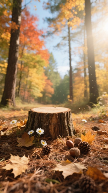 阳光明媚的秋日森林环境，温暖柔和的侧逆光，浅景深效果，前景清晰背景虚化，整体呈现明亮通透的清新氛围。画面中央是一块自然纹理的圆形木桩，放置在覆盖着厚厚松针和落叶的地面上，周围散落着枯黄的枫叶、橡果和松预览效果