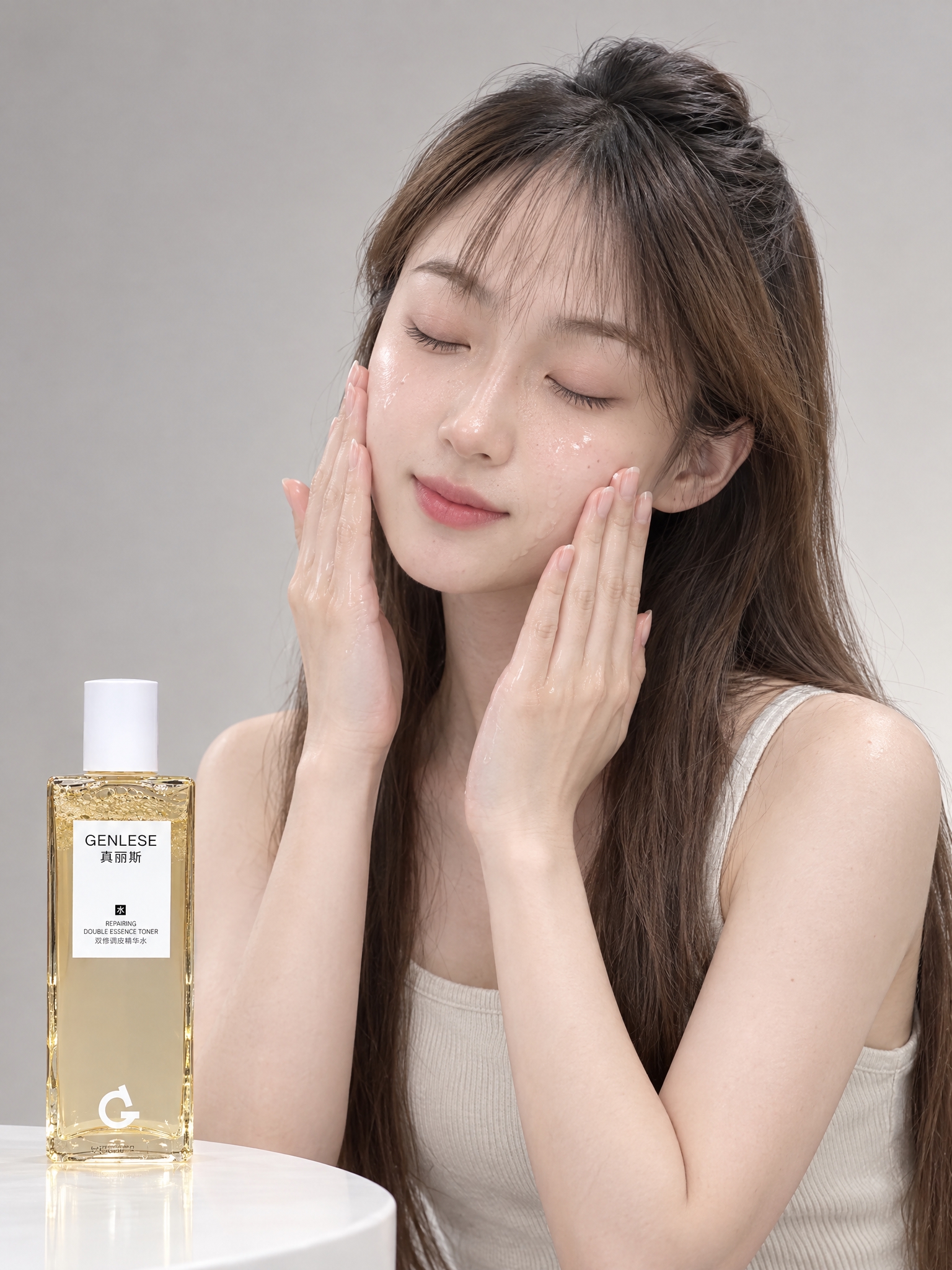 专业美妆产品棚拍，年轻东亚女性模特，面容与参考图中女孩完全一致… - 图片创意预览