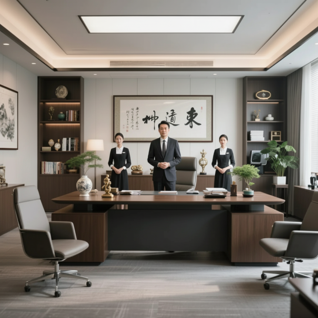偏写实风格的总裁办公室正面视角场景，类似现代带货直播间视角，场景横向长度约为屏幕的1.67倍，高度为1屏。画面中央是站立的总裁，台前有站立的助理，总裁身后有站立的女仆。办公室内装饰丰富，墙上挂着书法字预览效果