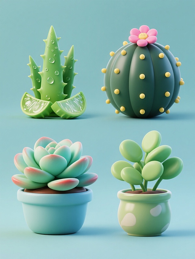 纯色背景下的软3D风格植物系列素材集合，画面整体色彩变换，保持元素类目，四个完全不同元素内容规整排布。左上为一株带刺的绿色芦荟，叶片饱满，表面有晶莹水珠，底部放置两片切开的芦荟果肉，展现内部透明的凝胶质感；右上是一颗圆球状的仙人掌，墨绿色的球体上布满黄色小刺，顶部开着一朵粉红色的小花；左下为一盆多肉植物，由多个肥厚的叶片堆叠而成，呈现出清新的蓝绿色，叶片边缘带有淡淡的红晕；右下是一盆带有陶瓷花盆的绿色盆栽，植株枝叶茂盛，叶片呈椭圆形，展现出生机勃勃的景象。所有元素均采用柔和的3D立体效果，边缘圆润，光影过渡自然，色彩明快清新，整体构图对称平衡，具有强烈的视觉美感和设计感。