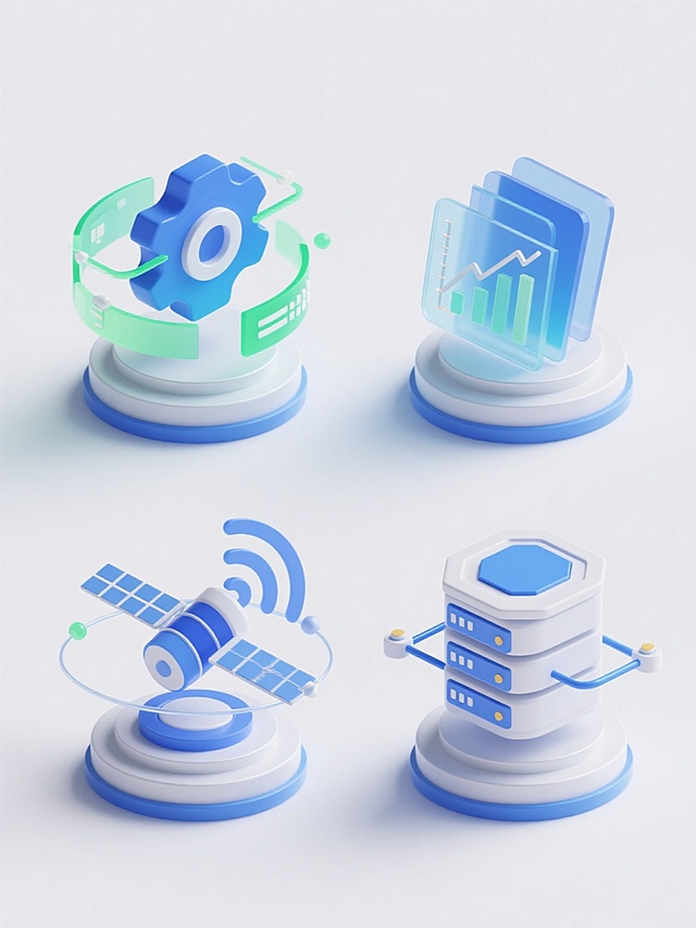 一组4个完全不同的科技图标元素系列素材集合，保持统一的2.5D等距立体风格，采用蓝绿色渐变主色调，搭配半透明玻璃质感和柔和阴影效果，每个图标均放置在双层圆形底座上，周围环绕着几何线条、光点和动态光晕等科技感装饰元素，整体呈现出精致、现代、富有层次感的视觉效果，所有图标规整排列在纯白色纯色背景上，图标内容分别为：1. 蓝色齿轮与绿色数据流环绕的人工智能芯片，2. 半透明文件叠加层与上升折线图表组成的数据分析图标，3. 带信号波纹的蓝色卫星与环形轨道构成的通信科技图标，4. 立体六边形服务器与蓝色连接线组成的云计算中心图标。