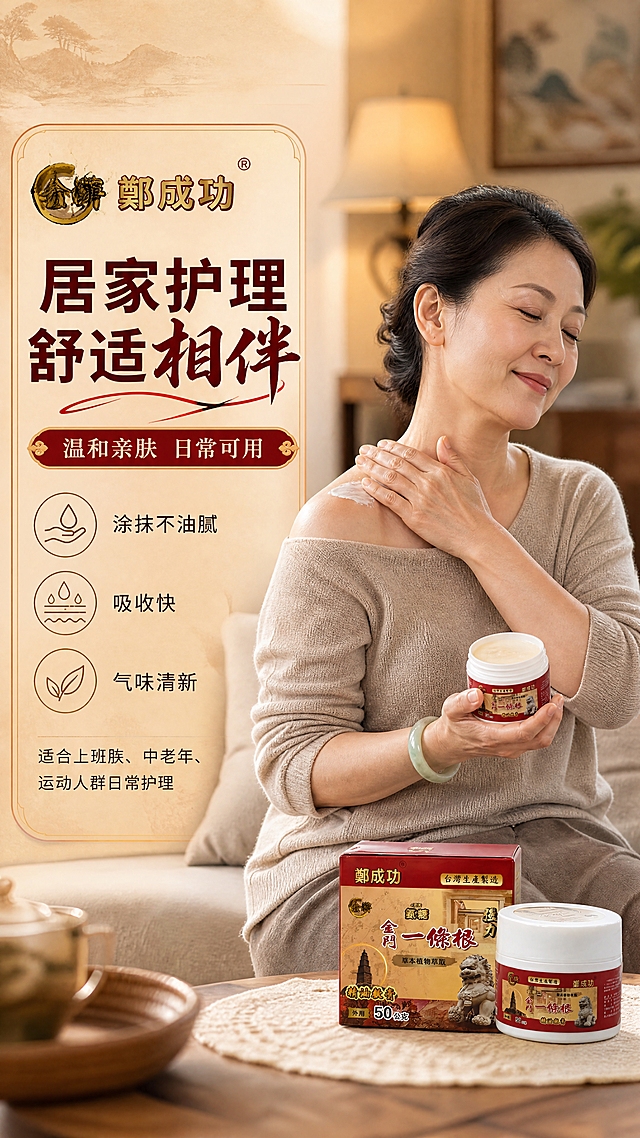 [商品] 使用【图1】郑成功金牌金门一条根氨糖精油软膏；保留产品外观、颜色、Logo和所有包装文字；产品用于外用涂抹护理，展示真实使用场景。
[画面] 页面目标：人物使用场景，增强代入感和真实感；构图：左文右图，右侧人物半身使用场景，左侧文案区；主体占比60%；景别：中景（腰部以上）；阅读动线：从左到右；前景：文字信息卡，中景：亚洲中年女性坐在沙发上，手将软膏涂抹于肩颈部位，表情放松自然，产品放在手边茶几上，后景：温馨居家客厅环境虚化；场景：居家休闲时刻的护理场景，暖色调灯光，氛围舒适。
[视觉] 套系策略：风格=中式草本养生商业摄影风；标题字=粗黑体+书法点缀；正文字=简洁黑体；主色=暖棕红；背景延展=基于暖棕红做深浅层级、同色渐变和宣纸/古纸纹理质感；强调色=金色，仅用于小面积图标、引线、标签和装饰线条；标题色=深棕红；正文色=深褐色；组件=圆角信息卡、小图标；光影=暖调室内自然光，人物和产品清晰。
[文字] 左侧主标题：居家护理 舒适相伴；副标题：温和亲肤 日常可用；下方3个卖点：涂抹不油腻 | 吸收快 | 气味清新；底部小字：适合上班族、中老年、运动人群日常护理；所有文字横向排版，不遮挡人物和产品主体。
[规格] 图片比例9:16竖版，4K分辨率，负向提示：避免变形、错字、文字过小、冷蓝/蓝灰背景、产品颜色改变、医疗功效承诺、人物表情夸张、包装文字错乱。