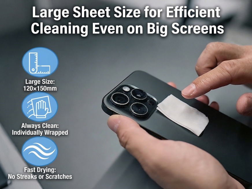 将图中的日语全部替换为英文：大标题“Large Sheet Size for Efficient Cleaning Even on Big Screens”，三个卖点依次替换为：“Large Size预览效果