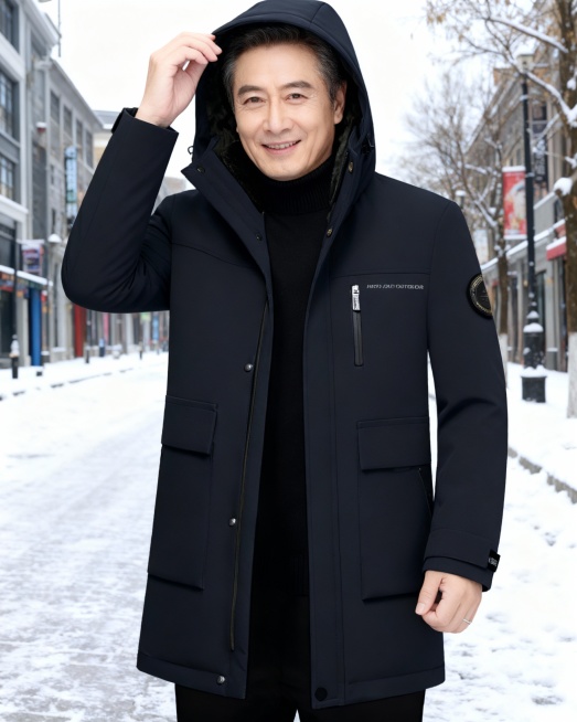 一个中国男性45岁模特穿上图片上的衣服，姿势不同，拍摄风格，五张相似场景的套图预览效果