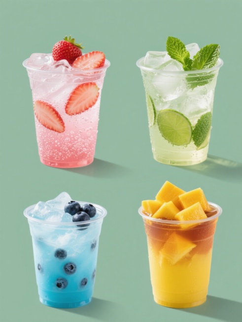 4个完全不同元素的饮品系列素材集合，每个元素均为透明塑料杯装冰镇饮料，规整的2x2网格排布，保持高清写实摄影风格，纯色背景，高对比度光线，水珠细节，通透液体质感，第一杯为粉色草莓气泡水配草莓片，第二杯为绿色薄荷莫吉托配薄荷叶，第三杯为蓝色蓝莓冰沙配蓝莓，第四杯为黄色芒果冰茶配芒果块，所有饮品均含大量冰块，杯壁有水珠，整体色彩明快鲜艳预览效果