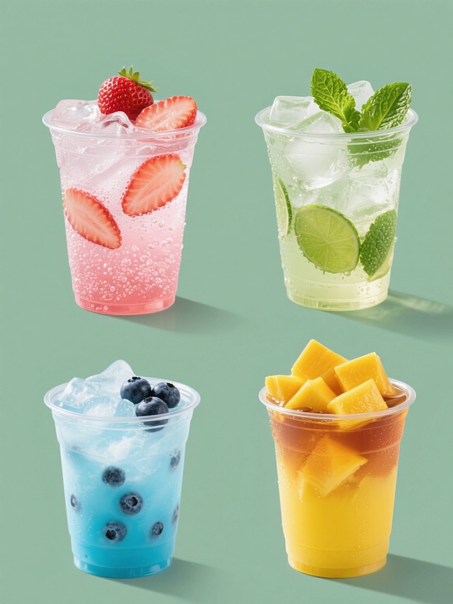 4个完全不同元素的饮品系列素材集合，每个元素均为透明塑料杯装冰镇饮料，规整的2x2网格排布，保持高清写实摄影风格，纯色背景，高对比度光线，水珠细节，通透液体质感，第一杯为粉色草莓气泡水配草莓片，第二杯为绿色薄荷莫吉托配薄荷叶，第三杯为蓝色蓝莓冰沙配蓝莓，第四杯为黄色芒果冰茶配芒果块，所有饮品均含大量冰块，杯壁有水珠，整体色彩明快鲜艳