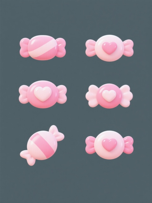 六个规整排布的卡通风格糖果，保持简约现代造型，每个糖果拥有不同设计，采用粉色等柔和主色调，搭配心形等可爱装饰元素，边缘圆润，线条流畅，带有轻微光泽感，纯色背景，无文字、无logo、无水印，整体视觉统一和谐。预览效果