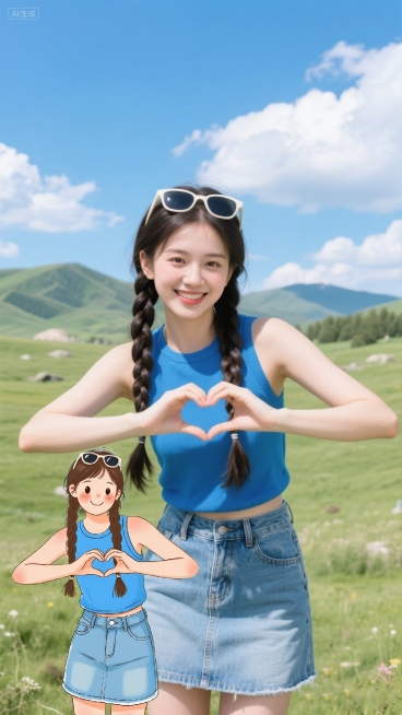 一位真人女性和一个3D盲盒风人物同框的场景。真人双麻花辫，蓝色无袖上衣，牛仔短裙，头顶有墨镜，脸上带着笑容。旁边的贴纸风人物也是双麻花辫造型，穿着与真人女性同款的服装，面带笑意，整体画面给人一种清新、预览效果