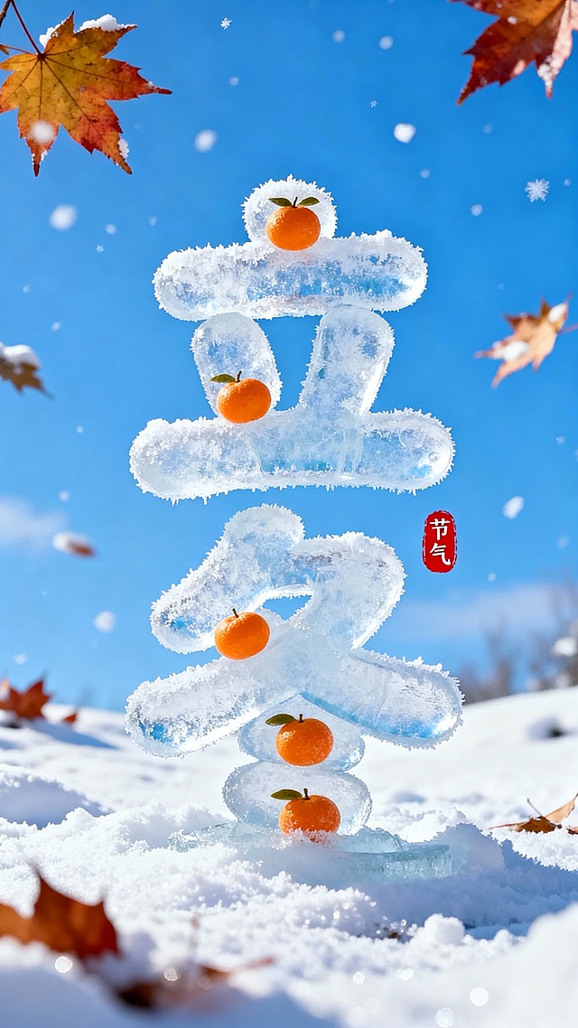 画面中央是冰霜圆润可爱字体形成”立冬” 二字，字体上可以有小小的橘子元素点缀。背景是一片晴朗的蓝天，画面中有白雪和枫叶。立冬字旁“红色小印章”节气“点缀，整体画面色彩明亮