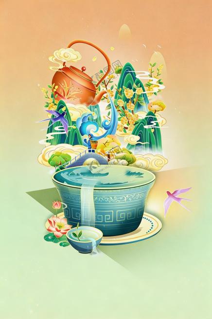 去除图片中的所有文字，包括“春茶”“春暖茶香”“智者樂水〇 仁者樂山”和水印网址文字，保留原图的所有插画元素、国潮插画风格、渐变背景和构图不变，不要改变原图内容和结构，修复去除文字后的背景区域预览效果