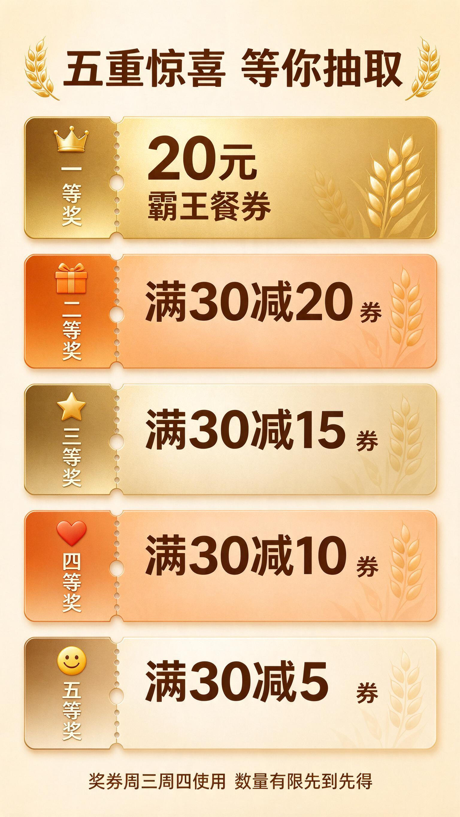 第7屏 五档奖项详情模块。温暖烘焙风，整幅画面满版构图，无白色… - 图片创意预览