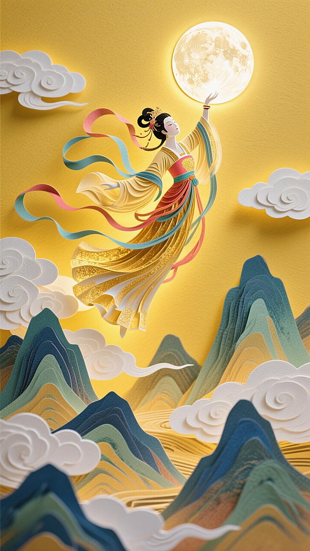 大全景，嫦娥飞天托月（悬浮在空中，裙摆飘逸，飞舞，极致的动态），金色仙境：层峦叠嶂的山脉，白色祥云环绕，黄色背景，背面透光