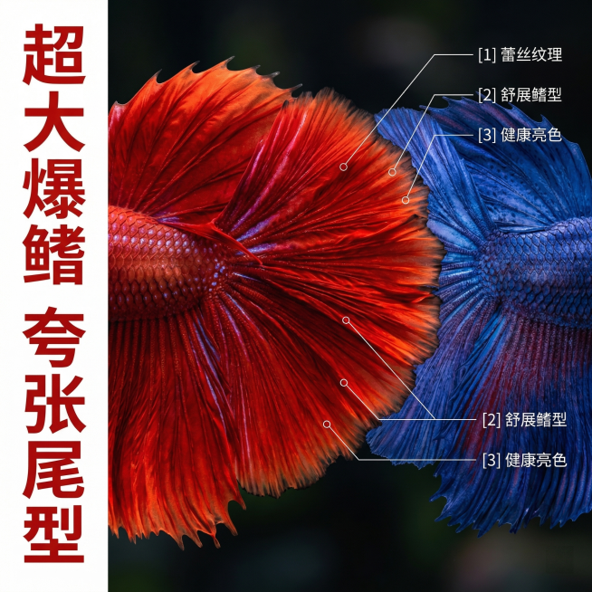 [主图 2]核心亮点展示；保留原图两条泰国斗鱼大红袍和大蓝袍的外观，突出夸张尾巴的细节特点；[氛围/风格]微距高清摄影，细节清晰质感；[画面元素]以两条斗鱼的大尾巴为主体，居中特写展示尾巴的舒展纹理和预览效果