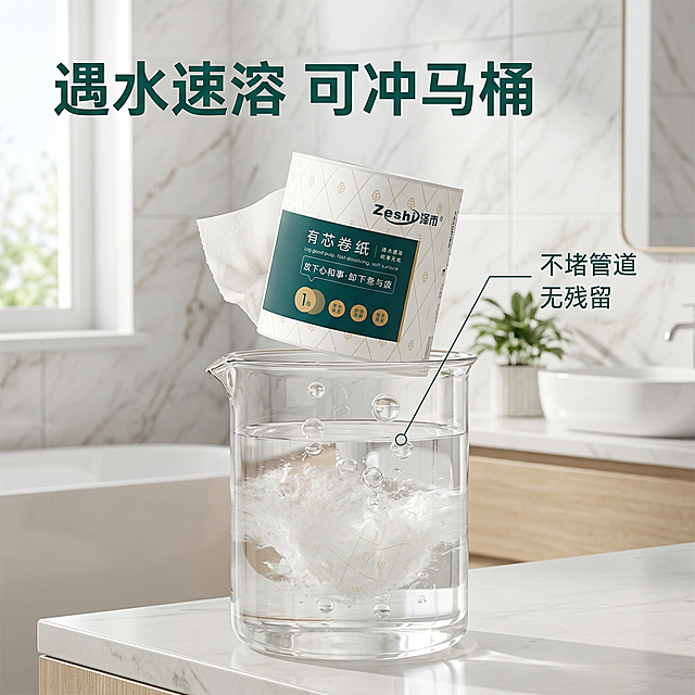 保留原图产品，展示速溶溶解测试场景：将产品放置画面上方，下方玻璃烧杯中放入本卷纸正在快速溶解，水清澈无大块纸屑，左上方主标题“”遇水速溶 可冲马桶“”深绿色加粗字体，右侧用引线标注“”不堵管道 无残留“”，背景为干净明亮的浴室场景，整体自然柔和，突出速溶卖点，产品外观保持不变，文字不遮挡主体。