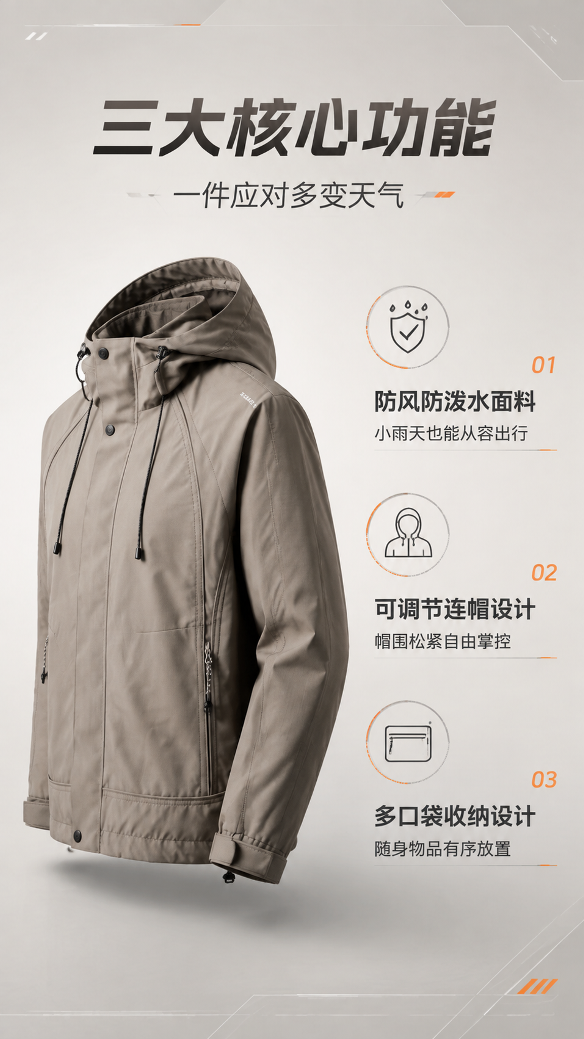 [第2张] 详情页核心卖点页-卡其色机能冲锋外套功能卖点解析。… - 图片创意预览