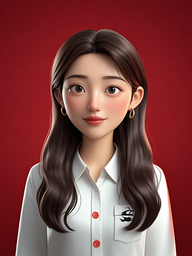 迪士尼风格，3D角色，一名年轻中国老师，职场证件照，暗红色背景