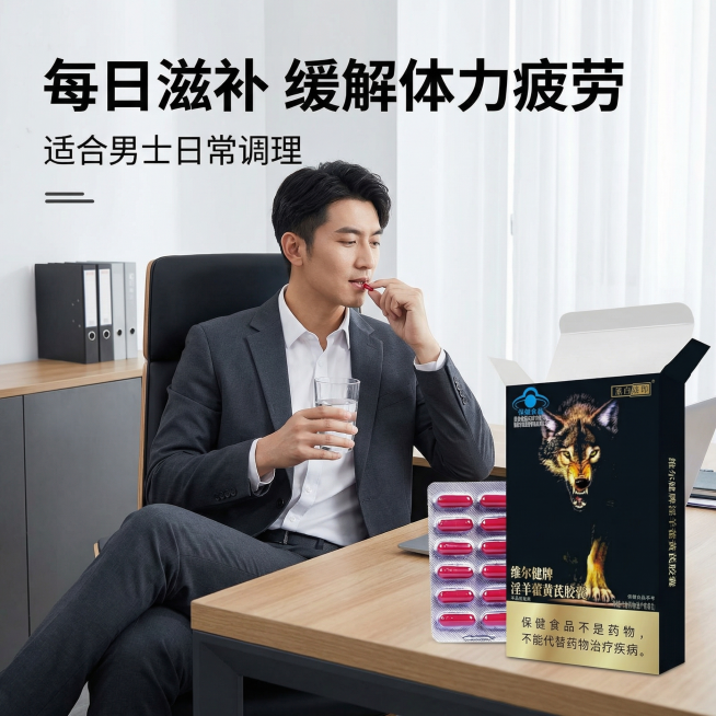 [主图 4] 适用场景体验展示；[氛围/风格] 真实自然，男士日常滋补场景；[画面元素] 产品包装盒放置在画面右侧显眼位置，左侧搭配一位商务男士（亚洲面孔，身着深灰色休闲西装，神态轻松）端着水杯准备服预览效果