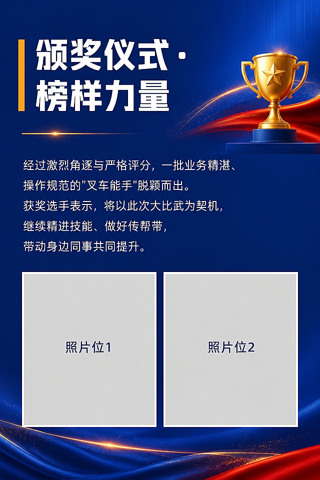 公众号推文第七张，颁奖仪式环节（上）。深蓝色渐变背景，企业党政风，与前面页面风格统一。顶部章节标题「颁奖仪式 · 榜样力量」，白色粗体大字，左侧有橙色竖线装饰，旁边有奖杯图标。标题下方正文区域，白色文字，内容为：经过激烈角逐与严格评分，一批业务精湛、操作规范的"叉车能手"脱颖而出。获奖选手表示，将以此次大比武为契机，继续精进技能、做好传帮带，带动身边同事共同提升。正文下方留出两个照片位，左右并排，每个照片位用白色边框+灰色占位符表示，标注「照片位1」和「照片位2」。整体风格庄重喜庆，专业稳重。