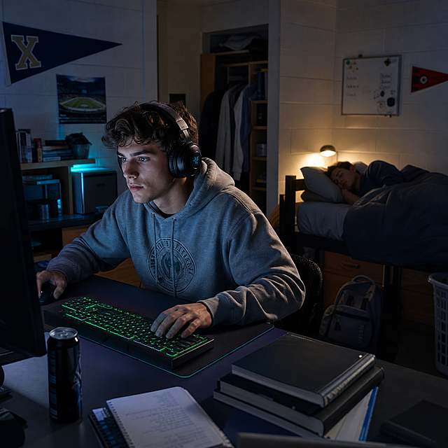 制作一张静音电竞键盘广告海报，场景设定为真实的美国大学双人 dorm room 夜间游戏环境。整张图的核心目的是突出：这款键盘足够安静，深夜打游戏也不会吵醒室友。 画面采用 3/4 侧前方广角视角。前景桌面上要清晰展示一把 静音电竞键盘，键盘带有低调绿色 RGB 背光，键盘必须位于主角双手正下方，作为前景主产品重点呈现。主角是一位符合美国 Gen Z 审美的年轻大学男生，穿灰色 college hoodie 或带校园字样的卫衣，佩戴头戴式耳机，深夜坐在桌前专注打游戏，身体略微前倾，神态投入自然。 背景或画面右后方要出现一位正在熟睡的室友，躺在另一张独立床位上，睡得安稳、完全没有被吵醒，用来直观传达"静音键盘"的卖点。 整个房间明确表现为典型美国大学双人宿舍，场景中包含真实的美国大学宿舍元素：两张独立单人床、学生书桌、校园三角旗、宿舍海报、白板、教材、笔记本、背包、洗衣篮、小冰箱、台灯、学生收纳用品，呈现真实的大学生活痕迹，整体整洁、克制、年轻化，符合美国大学生宿舍审美。 灯光采用冷暖分区处理：主角和键盘区域主要由显示器光、键盘绿光和少量冷色电竞氛围光照亮，突出夜间 gaming 感；室友睡眠区域则使用更柔和、更温暖、更安静的弱光氛围，强化"他在打游戏/室友仍安睡"的视觉对比。整体画面应兼具写实感、电影感、宿舍真实感和商业广告感。
