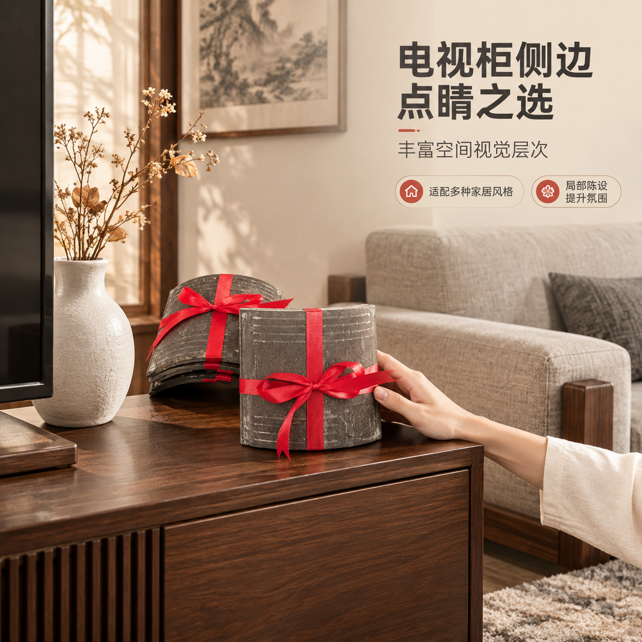 [商品] 使用【图2】瓦片捆红绳陈设摆件（手持款）；保留瓦片弧… - 图片创意预览