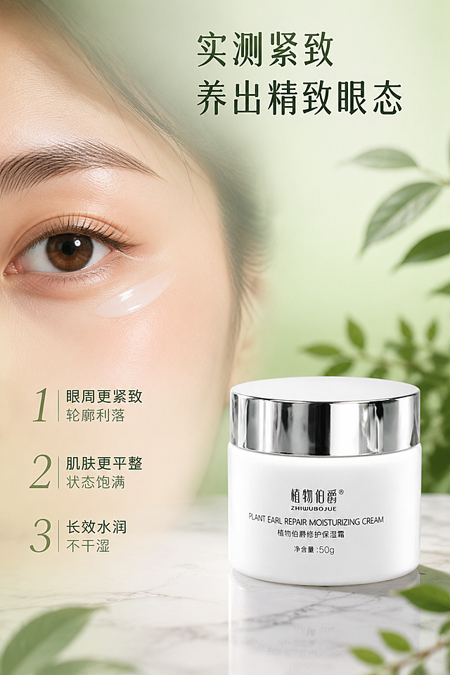 [第6屏] 真人效果展示-植物伯爵抗皱紧致眼霜眼周使用状态。本屏使用【图1】作为商品主体。
[氛围/风格] 生活方式感 温馨精致 自然光效 清新植萃氛围
[元素布局] 画面左侧亚洲女性眼部局部特写 展示使用眼霜后的眼周肌肤状态 右侧摆放植物伯爵眼霜白色瓶身配银色盖子 背景是淡绿色渐变虚化 点缀绿色叶片 底部大理石台面 人物只展示眼部和脸颊局部 不展示完整面部 保持产品外观物理结构材质质感颜色与输入产品图一致 杜绝任何变形和色差 精细化处理
[光影质感] 自然侧窗光 柔和漫反射 肌肤有自然光泽 整体明亮温暖 有生活气息
[配色色系] 全局底色 淡绿色渐变 #E8F5E9到#C8E6C9 主色肤色 白色产品 深绿色文字
[视角构图] 平视角度 左右分栏构图 左侧人物眼部 右侧产品 视觉平衡
[文字版式] 顶部主标题 实测紧致 养出精致眼态 左侧人物旁三个编号效果点 1 眼周更紧致 轮廓利落 2 肌肤更平整 状态饱满 3 长效水润 不干涩 文字左对齐 清晰可读 不遮挡人物眼部和产品
[比例分辨率] 800px宽 1200px高 3:4竖版比例 4K分辨率 文字清晰可辨 高清画质
[负向提示词] 变形 水印 文字错乱 文字过小 缺件错件 结构错误 颜色偏差 产品图模糊 背景杂乱 多余的手 畸形手 面部扭曲 舒缓 氧化 抗氧化 淡纹 提亮 美白 祛痘 消炎 维稳 嫩肤 抗老 天然 纯天然 自然