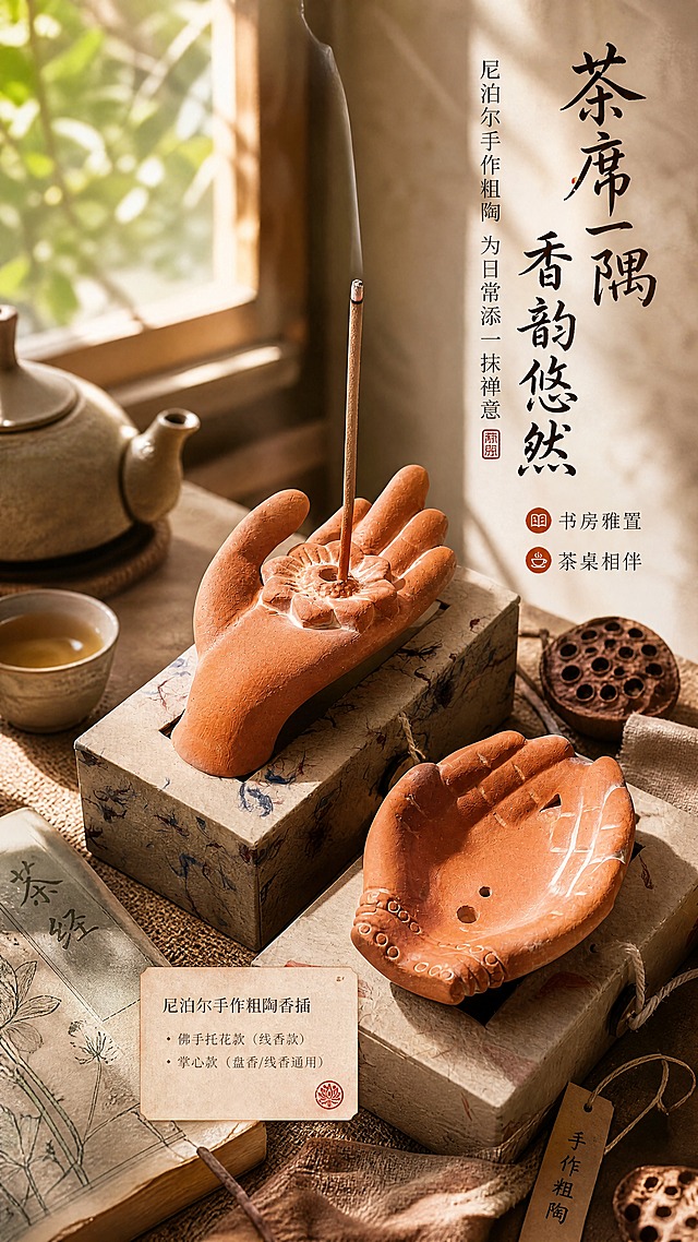 [商品] 使用【图1】两款粗陶香插（佛手托花款+掌心款）；保留各自造型结构、陶土红棕色、白色描边细节、手工质感，不改变形态比例。
[画面] 场景种草，单场景沉浸型。两款香插置于中式茶桌一角，佛手托花款插着线香、掌心款侧放展示；周围搭配粗陶茶具、干枯莲蓬、麻布茶席、一本旧书作为氛围道具；窗外自然光斜照入内，在桌面形成柔和光影；产品占画面约40%，场景环境丰富有层次。
[视觉] 套系策略：风格=侘寂禅意东方美学商业摄影；标题字=手写书法体+衬线粗体组合；正文字=简洁宋体；主色=陶土红棕；背景延展=基于陶土红棕做米白、浅棕、深褐的同色系深浅层级，搭配麻布、旧木、宣纸质感；强调色=赭石色，仅用于小面积图标、引线和标签；标题色=深褐近黑；正文色=暖棕灰；组件=圆角米黄宣纸质感信息卡、细棕线引线、印章式点缀；光影=左前侧暖柔光，侧逆光勾勒轮廓。
[文字] 右上区域竖排主标题"茶席一隅 香韵悠然"，副标题"尼泊尔手作粗陶 为日常添一抹禅意"，下方配2个场景说明"书房雅置""茶桌相伴"，文字区不遮挡两款香插主体。
[规格] 图片比例9:16竖版，分辨率4K，负向提示：避免变形、错字、文字过小、冷蓝背景、塑料质感、产品结构改变、现代工业风场景。