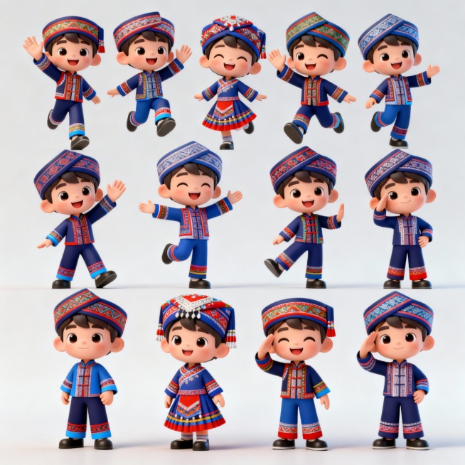 3D卡通Q版可爱壮族少年各种动作预览效果