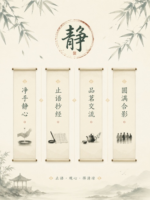 竖版海报，中式禅意风格，米白底色。上方有淡墨竹叶延续，中央有一个圆形"静"字印章。中部以四个竖向卷轴条幅依次展示活动环节：净手静心、止语抄经、品茗交流、圆满合影，每个配简约水墨小图标。条幅之间用浅金色预览效果