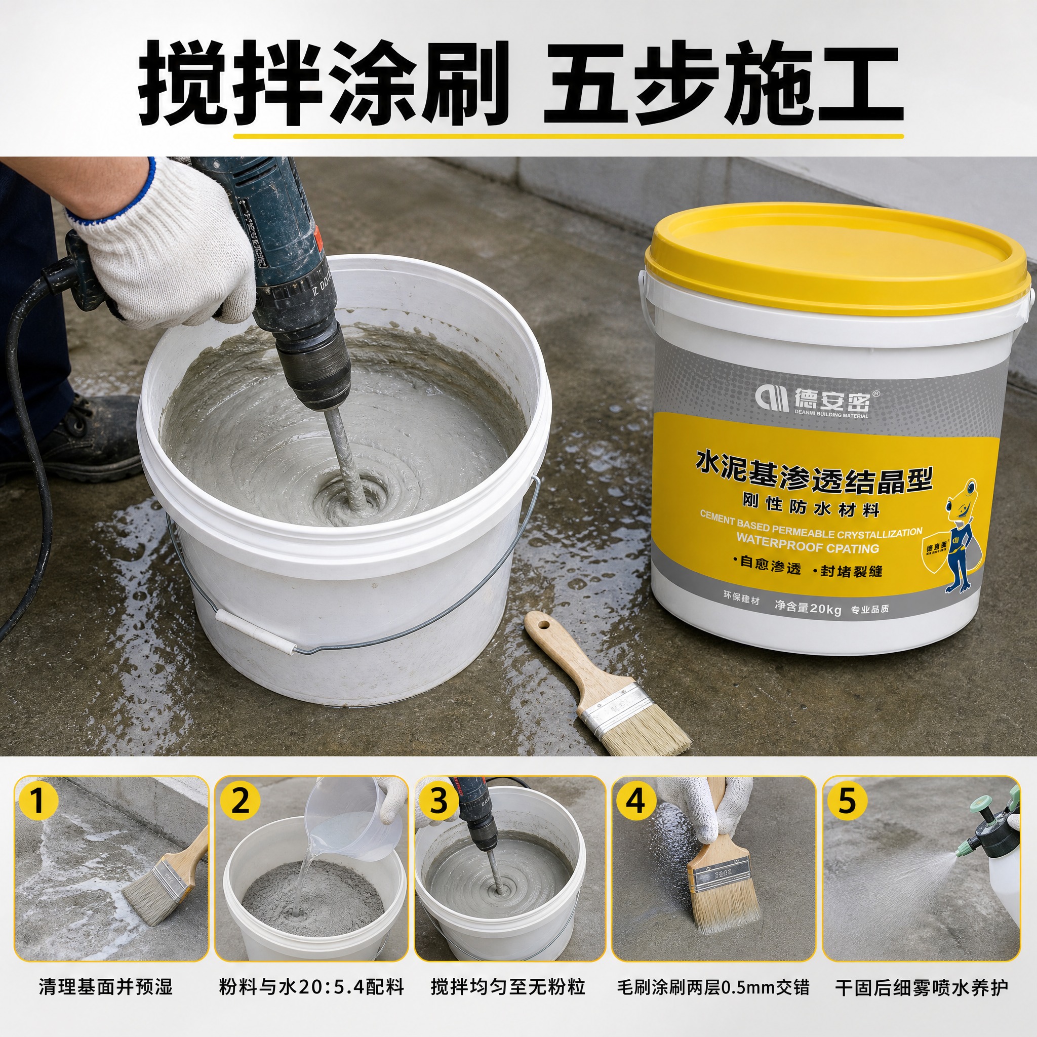 [主图-5] 施工流程演示 德安密水泥基渗透结晶型20KG刚性… - 图片创意预览