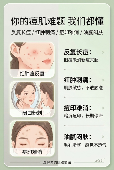 痘肌痛点直击海报，不展示产品，主标题“你的痘肌难题 我们都懂”，副标题“反复长痘 / 红肿刺痛 / 痘印难消 / 油腻闷肤”，左侧为柔和插画形式的不同痘肌问题场景包含红肿痘、闭口、痘印，右侧为分点列出预览效果